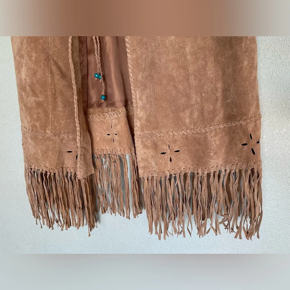 Womens Native American Wilson Leather Suede Fringe Vest Tan Outfit XL 14 - Picture 3 of 16